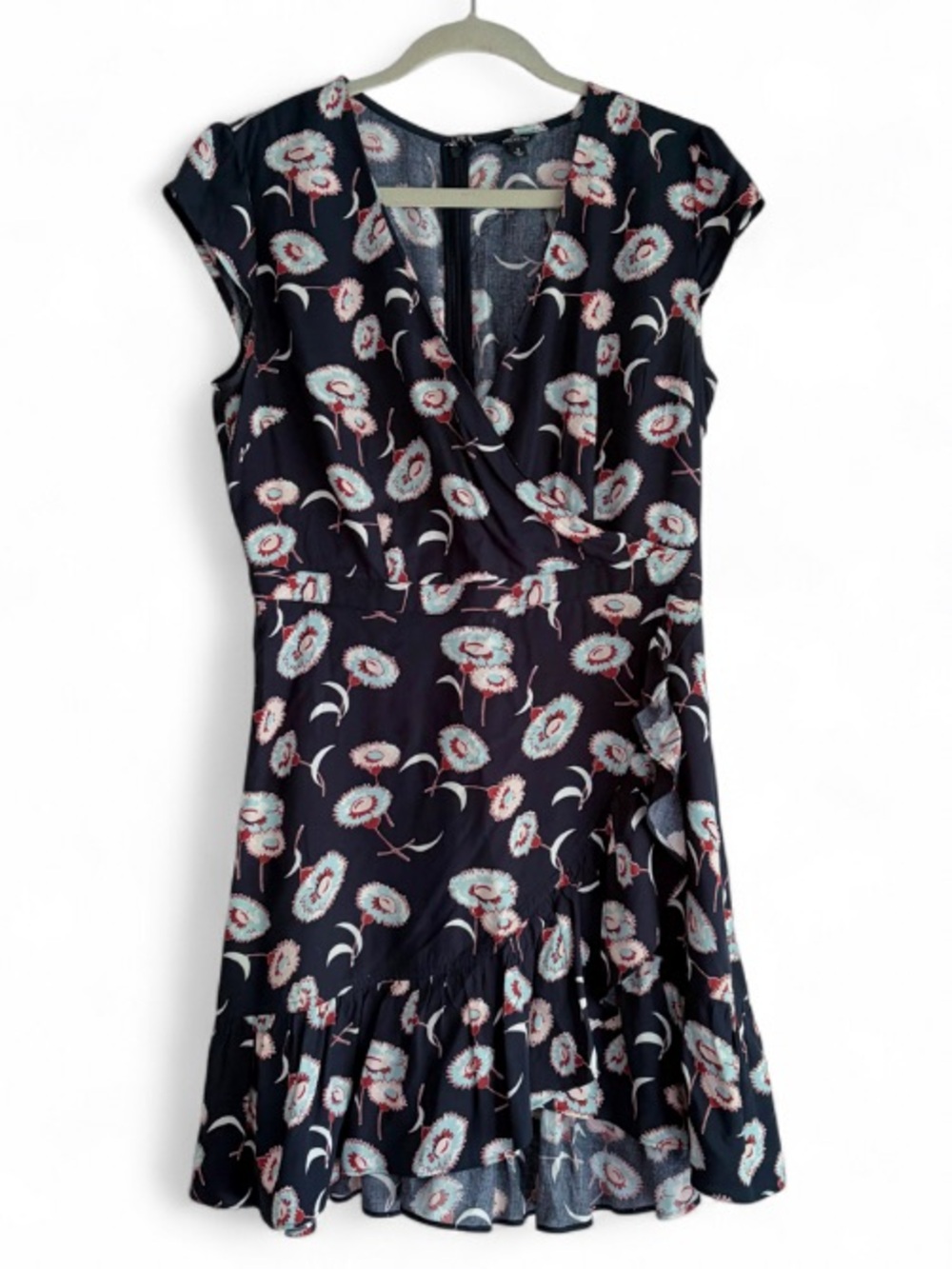 J. Crew Navy Blue Floral Wrap Front Cap Sleeve Ruffle Hem Dress Size 8